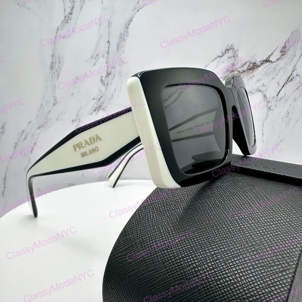 New PRADA Sunglasses Black White Talc Gold Symbole Logo Womens Rectangle
